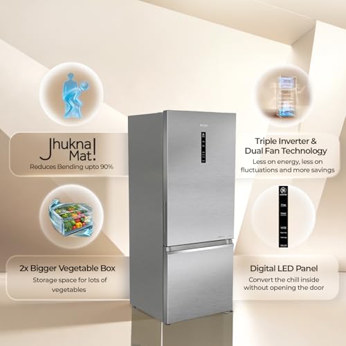 Image of Haier 355 L 2 Star Frost Free Triple Inverter Double Door Bottom Mount Refrigerator, Digital Touch Display & 2X Bigger Fresh Storage (HEB-362TSA-P, Inox Steel, 14 In 1 Convertible Modes, 2026 Model)