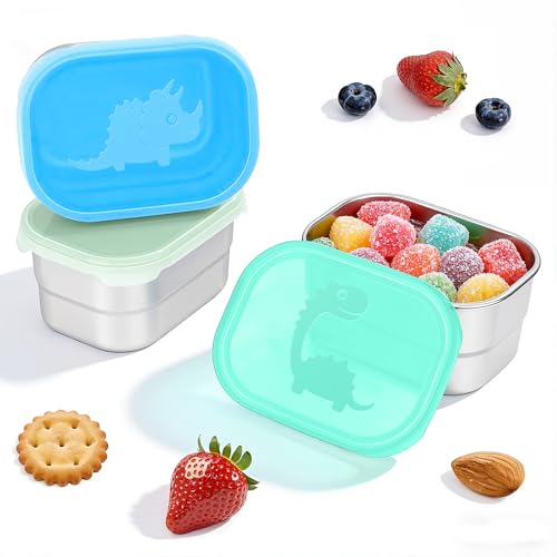 Image of Tanjiae 3x8oz Small Stainless Steel Snack Containers for Kids and Toddlers - 230mL Leakproof Food Containers with Cute Dino Lids | LFGB Certified, Stackable Metal Snack Box for School, Daycare, Travel