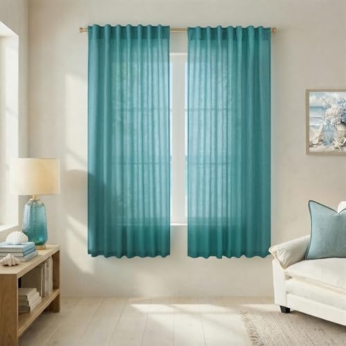Teal Curtains 63 Inch Length 2 Panel Set, Summer Ocean Coastal Beach Decor Semi Sheer Light Filtering Linen Curtain Drapes for Living Room Bedroom Kids Room, Teal Blue Green, Cortinas Color Turquesa