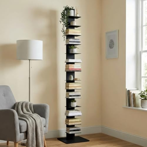 Flo.mar Bücherregal Bücherturm Freistehend aus Metall mit Standfuß 35x35 cm und 14 Ablagen 20x15 cm, Bücherregal Metall modernes Bücherturm Design für Wohnzimmer und Büro (Schwarz, 214 cm)