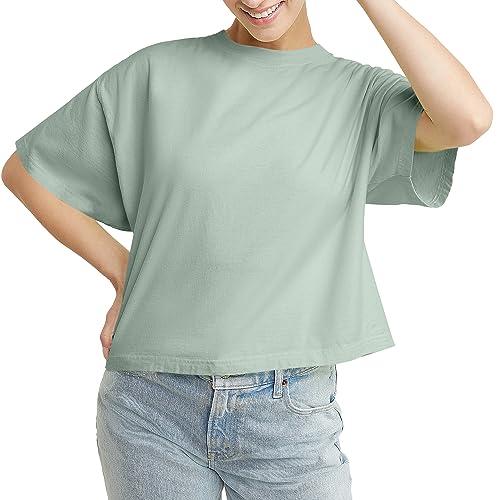 Hanes Comfortblend Originals Garment Washed T-Shirt, Crewneck Crop Tees for Women, Antique Jade