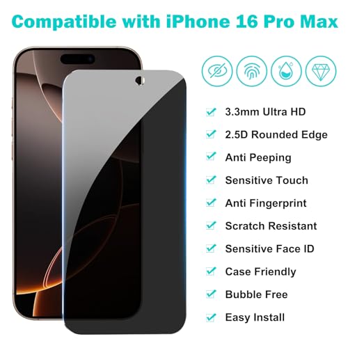 Pehael [3+3Pack] Privacy Screen Protector for iPhone 16 Pro Max with Camera Lens Protector Full Coverage Anti-Spy Tempered Glass Film 9H Hardness Upgrade Edge Protection Easy Installation Bubble Free [6.9 inch] - Thumbnail 2
