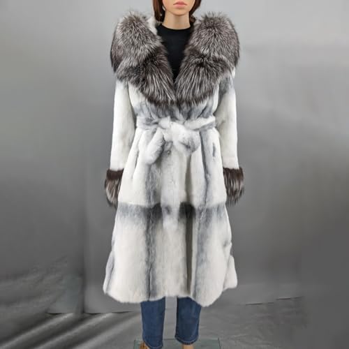 LVCOMEFF Women Genuine Rabbit Fur Long Coat Jacket with Silver Fox Fur Collar Hood Luxurious2
