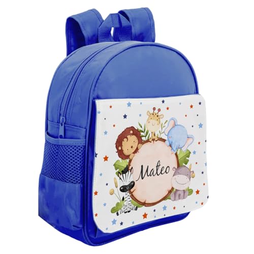 Kembilove Mochila Infantil Personalizada Niño Animales Selva | Mochila Azul Guardería con Nombre | Mochila Escolar Niños Pequeños con Solapa Extraíble