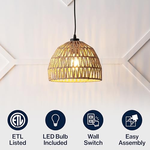 Image of JONATHAN Y 10.25 inch Brown Modern Bohemian Woven Rope LED Pendant Light Fixture, Adjustable Dome Ceiling Lamp for Kitchen Island, Rope Shade, Coastal Farmhouse Decor (JYL6513E)