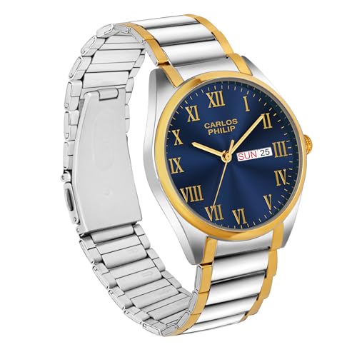 Image of Carlos Philip Men's Roman Numeral Analog Watch - Day and Date Display, Stainless Steel Strap, Quartz Movement, Business Style Watch for Men