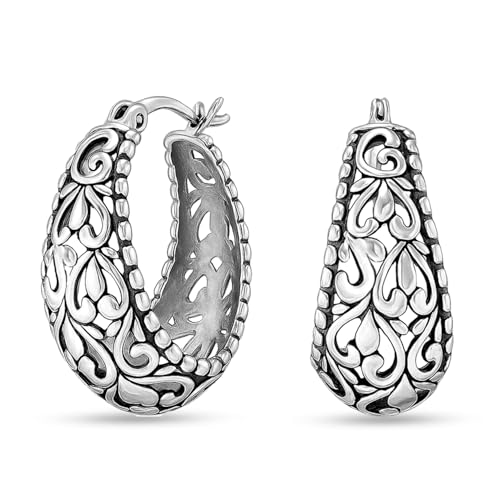 LeCalla Sterling Silver Earrings Filigree Hoops | Lightweight Italian 925 Silver Hoop Earrings Small Oval Antique Oxidized Filigree Design Earring Hoops for Women 25mm