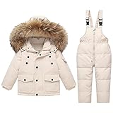 JELEUON 2 Pcs Girls Boys Winter Warm Fur Trim Zipper Puffer Down Jacket Snowsuit and Snow Ski Bib Pants Outfits Set 120