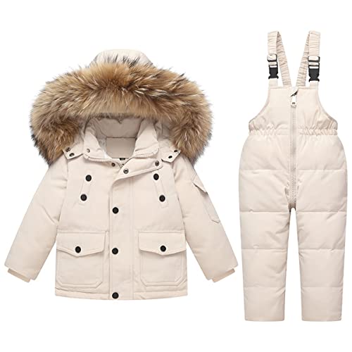JELEUON 2 Pcs Girls Boys Winter Warm Fur Trim Zipper Puffer Down Jacket Snowsuit and Snow Ski Bib Pants Outfits Set 120
