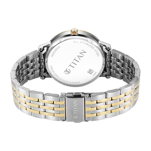 Image of Titan Elegance Analog with Date by Hand and Blue Dial Stainless Steel Dual Tone Strap Watch for Men - 90202BM01