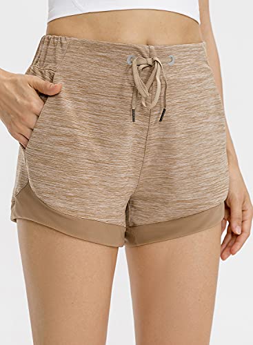 Lavento Women\'s Workout Shorts Lightweight Active 3\" Running Shorts (3\" Khaki Yellow-Heathered, 6) - Thumbnail 3
