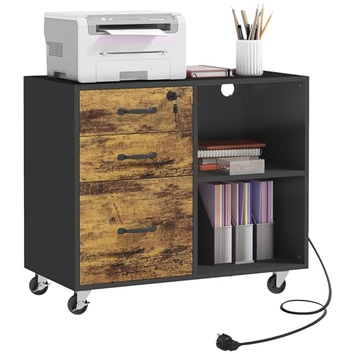HOMCOM Mobile per Stampante a 4 Ruote con 3 Cassetti, 2 Ripiani Aperti e Foro Passacavi, Mobiletto Stampante in MDF, 80x40x65.5 cm, Marrone e Nero