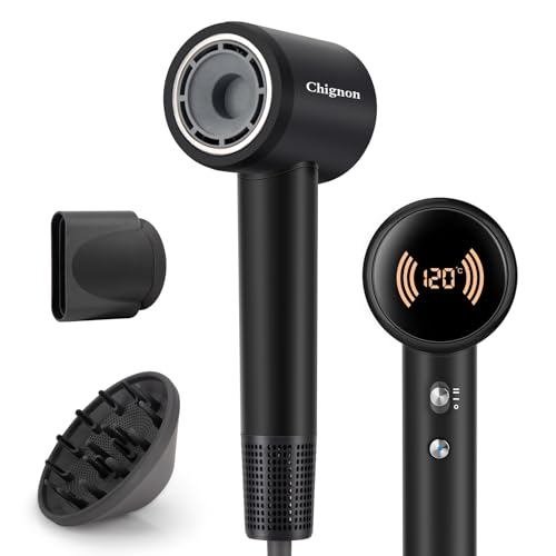 Chignon Ionic Hair Dryer with Diffuser - 110,000 RPM Brushless Motor, 1600W Blow Dryer with Temperature Display & Magnetic Attachments, Low Noise for Salon Styling