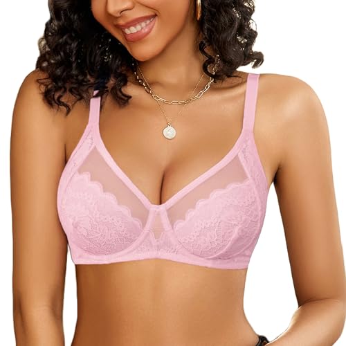 Image of Avidlove Lace Bra with Underwire Women's Sexy Unlined Bra V Neck Undershirt Bras Lingeries Pink
