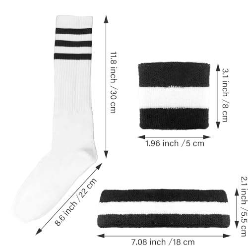 Image of 10 Pieces Striped Sweatbands and Striped Socks Set Headbands Wrist Sweat Bands for Men and Women Sports 80s 90s Fitness