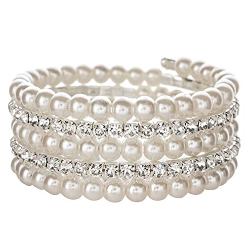 COLORFUL BLING Chunky Imitation Pearl Bracelet for Women Multi Row Layered Crystal Rhinestone Stackable Wrap Open Cuff Bangle Bridal Wedding Jewelry