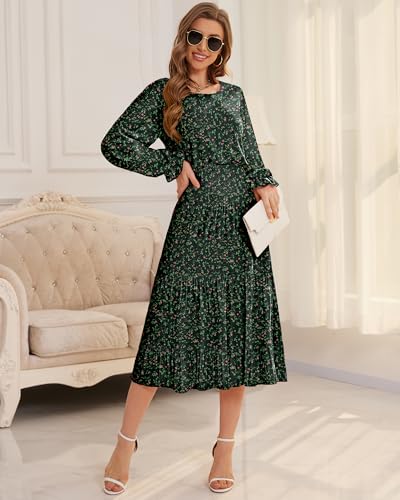 Image of CYiNu Women's Midi Dresses Long Sleeve Crew Neck Flowy Casual Floral Boho Tiered Chiffon Smocked Elegant Dress