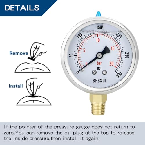 Image of 0-300 Psi Glycerin Liquid Filled Pressure Gauge, 2.5 inch Dial Size, 1 /4 inch NPT Lower Mount, 304 Stainless Steel Case, for Pool Pump Sand Filter Air Compressor, Water Oil Air Pressure Test