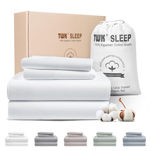 Image of TWK 1200 Thread Count 100% Egyptian Cotton Bedding Set, Full Thickness, Long-Lasting Sturdiness, Pilling Resistant, Up to 18 inch Deep Fitted Pockets (Snow White, King (U.S. Standard))