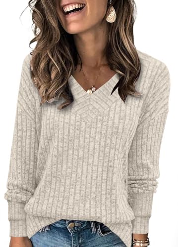 XMTOPYE Shirts for Women Long Sleeve Fall Fashion Tshirts V Neck Sweaters Ladies Cute Fall Tunic Tops Trendy Winter Clothes Apricot