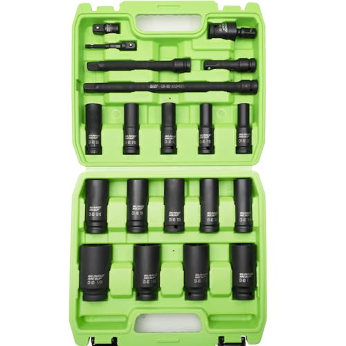 SUNHZMCKP 20 PCS 1/2" Impact Socket Set, Drive Deep 6 Point Socket Set, Including Standard SAE Sockets (3/8" to 1-1/4"), 3 ", 6", 10" Impact Extension Bar and Drill Socket Adapter, Cr-MO