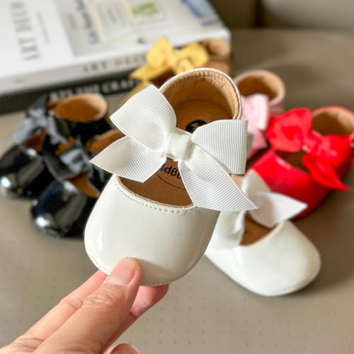 Image of Baby Girls Mary Jane Flats with Bowknot Flowers Princess Wedding Dress Ballet Shoes Non-Slip Toddler First Walkers Newborn Crib Shoes