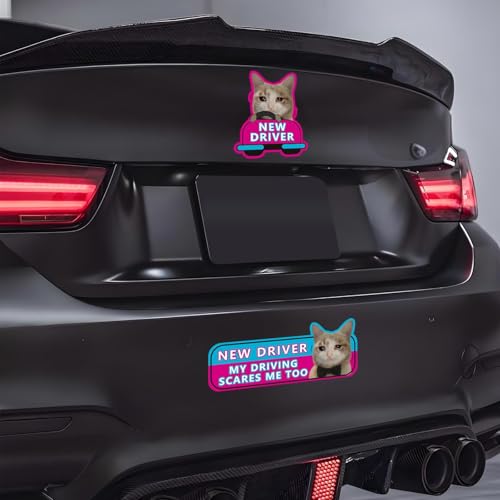 Image of 4Pcs Newbie Cat Magnetic Car Stickers New Driver Magnet for Car, Student Driver Magnet for Car, New Driver Sticker Funny Car Magnets, Can Be Used During Day & Night Sticker Supplies for Car Bumper