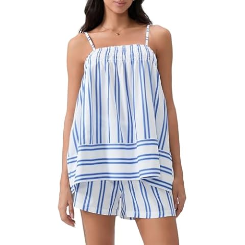 Pivanzore Y2K Striped Pajama Set Women 2 Piece Camisole Babydoll Tops and Striped Boxer Shorts Matching Pj Set Lounge Sets(Blue,Medium) Cover