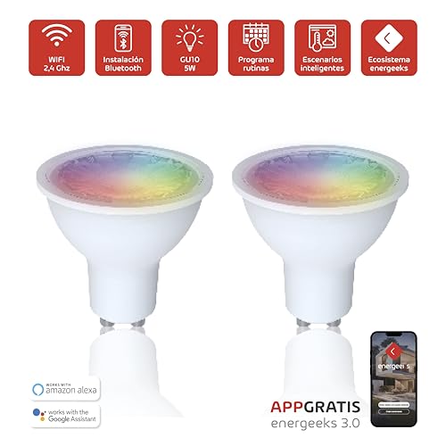 Energeeks - Pack 2 Bombillas Inteligentes LED - Multicolor RGB - Casquillo GU10-5W - 400 Lúmenes - Temperatura Ajustable - Wifi + Bluetooth - Compatible con Alexa y Google - imagen 2