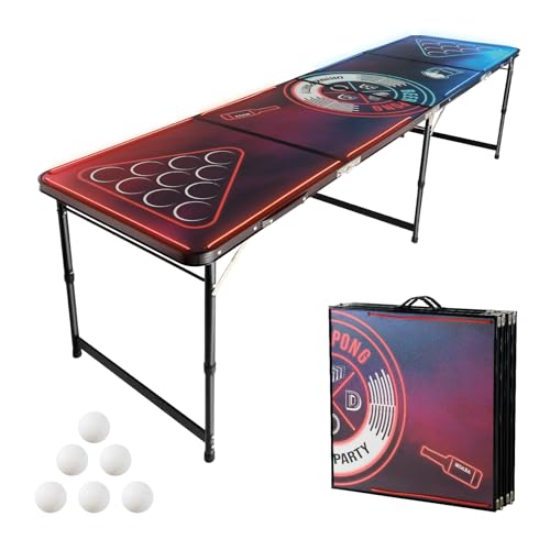 VEVOR Table de bière pong portable 2,4 m, lumières LED, table de jeu de beer pong pliable avec poignée de transport et 6 balles de ping-pong, hauteur...