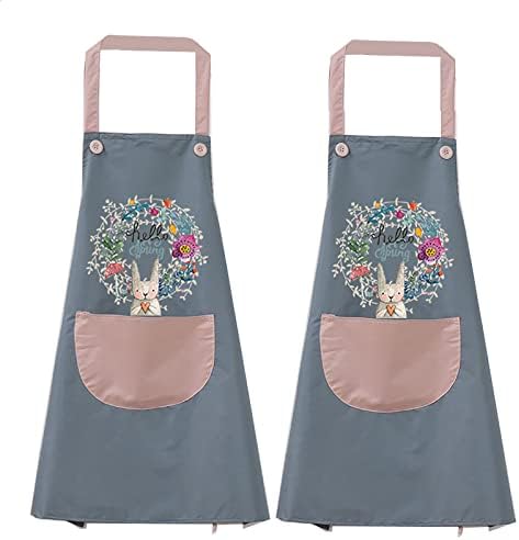 OBEKANN 2 Pack Kitchen Apron for women with Pockets, Unisex Cooking Chef Apron Waterproof, Aprons for Cooking Painting Housework Best Gift for Housewarming Holidays, Easter Bunny Wreath Blue