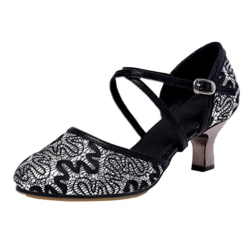 YIzdegg Zapatos de baile para mujer, elegantes tacones de danza para mujer, con correa cruzada, hebilla, zapatos de baile, lentejuelas, sandalias con tacón, sandalias sociales anchas para bodas y