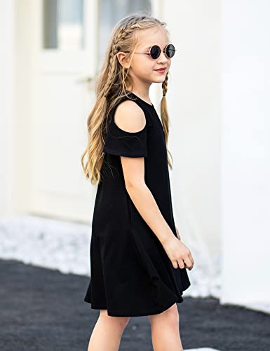 Arshiner Girls Summer Dress Short Sleeve Cold Shoulder Solid Color Swing Casual Dresses with Pockets3