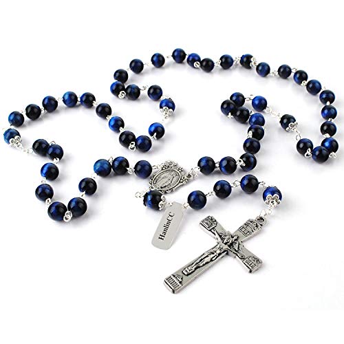 HanlinCC 8mm Natural Blue Tiger Eyes Gemstone Beads Miraculous 5 Dacade Rosary Necklace with Anti-Silver Catholic Crucifix Pack in Leather Gift Box2
