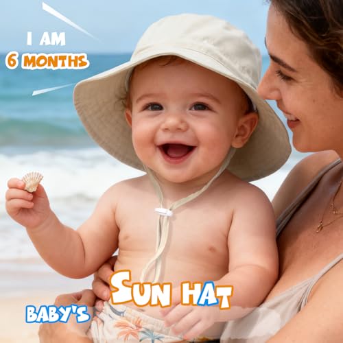 Baby Toddler Sun Hat,Boys Girls Adjustable Bucket Hat for Kids UPF 50+ Sun Protective Child Summer Beach Hats 6-24 Months White - Thumbnail 6