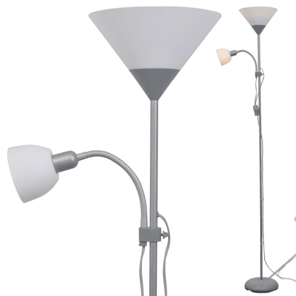 Stehlampe Grau aus Stahl mit 180 cm Höhe und doppeltem EIN/AUS-Schalter, inklusive Leselampe für Wohnzimmer Schlafzimmer Büro, modernes Design, platzsparend und funktionale Beleuchtung