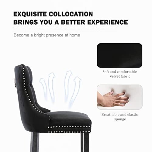 Kiztir Counter Height Bar Chairs Set Of 2, 27" Modern Velvet Bar Stools With Button Decor, Nailhead Trim, Solid Wooden Legs, Beige Upholstered Bar Stools For Kitchen, Cafe, Pub (Black) #TOP4