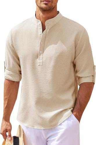 Men's Shirt Long Sleeve Banded Collar Button Up Shirts Beach Casual Vacation Henley Shirt Big and Tall Plain Top