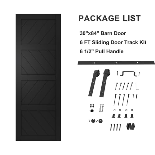 Image of 30 inchx84 inch Black Waved Barn Door with 6 FT Track Kit & Handle & Floor Guide
