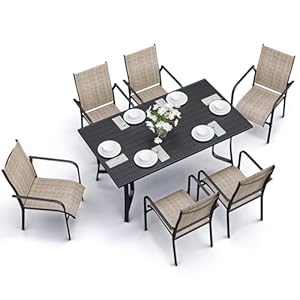 7-Piece Outdoor Patio Dining Set – 6 Stackable Texlin Sling Chairs & 63″ Steel Table, Weatherproof Low-Maintenance Furniture for Backyard/Balcony/Poolside, Includes 1.57″-1.97″ Umbrella Hole