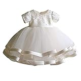 Girls' Princess Dress White for Toddler and Baby Girl Puffy Skirt Multi-Layers and Peals Top Satin Covered Trim