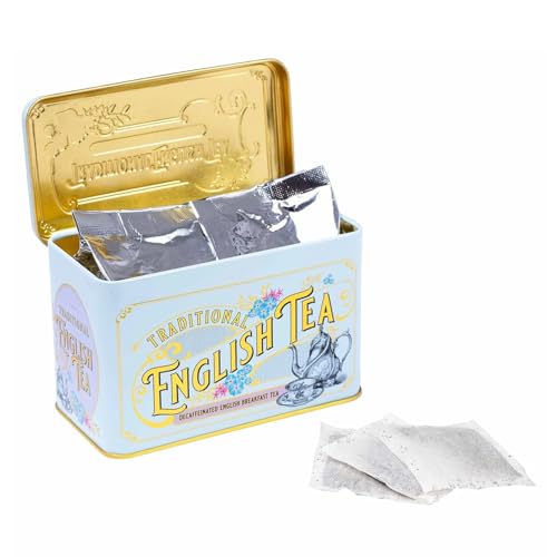 New English Teas | Té Negro English Breakfast Descafeinado - 40 Filtros (80 Gramos) | Té Negro Ceilán Descafeinado en Lata Regalo Metal Decorado