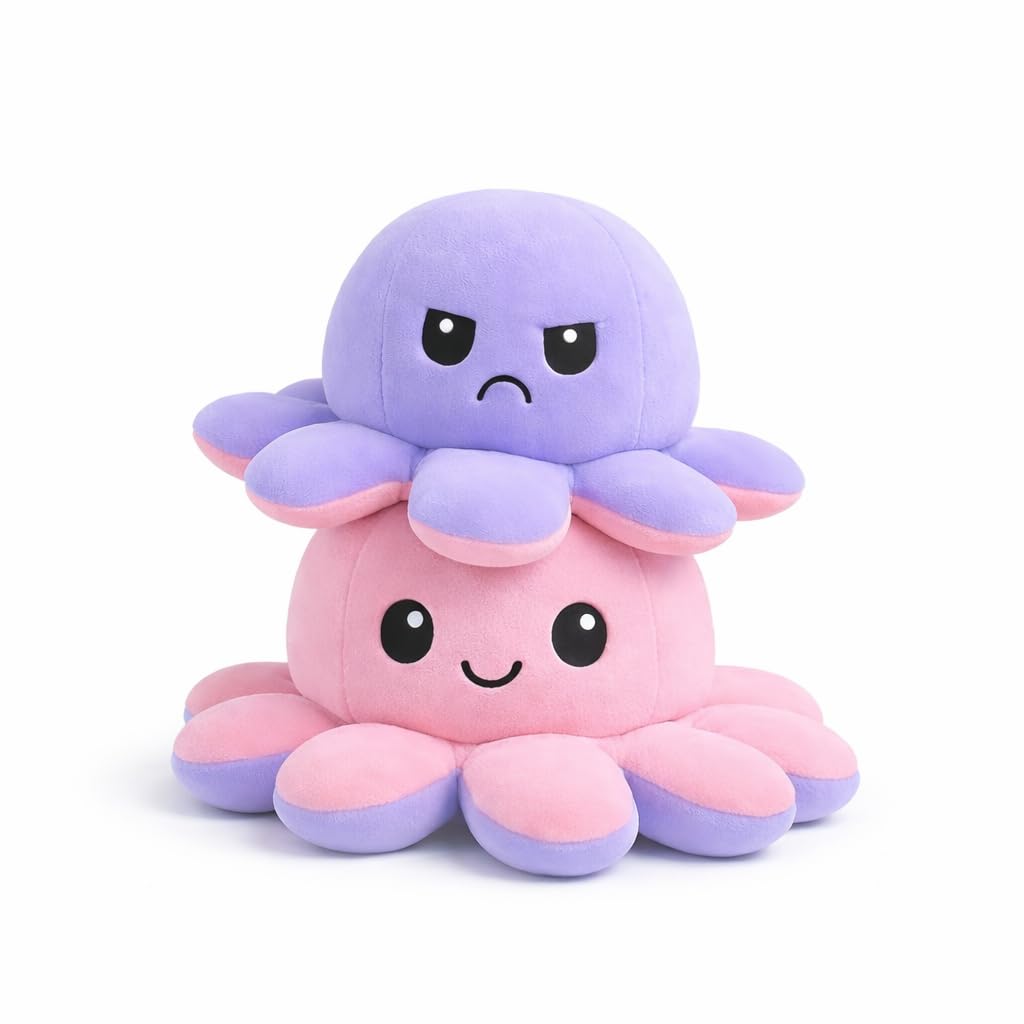 Reversible Octopus Plush Toy 18 cm | Flip Mood Soft Toy | Double-Sided Happy & Angry Expression | Super Soft Stuffed Animal Plushie | Cute Kids Gift, Stress Relief Toy, Home Decor-image-0
