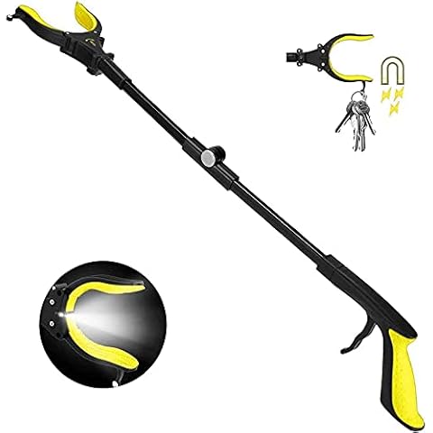 Upgraded Grabber Reacher Tool with Bright Headlight, 32" Claw Grabbers with 90°Rotating Anti-Slip Jaw, Garbage Grabber Pickup Tools Heavy Duty, Soft Rubber Handle & Magnet Hook (Yellow) 8310-Y-1 Cover