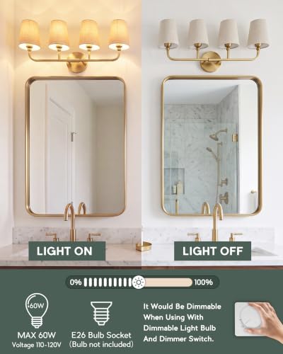 Image of 4-Light Brushed Gold Bathroom Vanity Light, Brown Linen Fabric Shade | 28 Inch gold bathroom light fixture over mirror, UL listed, E26 bulbs, hardwired, upward only, VL837-BG-L-4