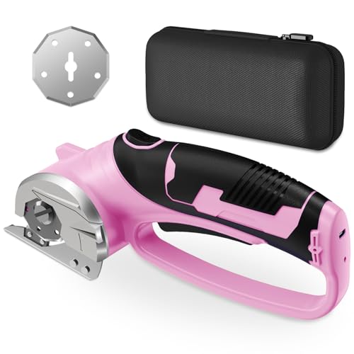 Image of Cordless Electric Scissors, 4V Rechargeable Box Cutter & Cardboard Cutter with LED Light, Safety Lock - Rotary Cutter for Fabric, Leather, Carpet, Plastic, Crafting, Sewing with Storage Box (Pink)