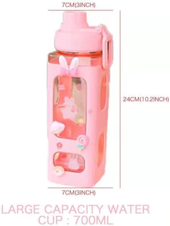 Vista 7 de Kawaii Water Bottle with Straw Cute Large Water Bottles with Kawaii Stickers Aesthetic Leakproof Square Drinking Bottle (Pink)