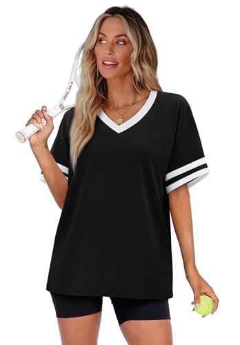 Image of WIHOLL Womens T Shirts Loose Fit Short Sleeve Tees V Neck Color Block Summer Tops 2026 Fashion S-4XL