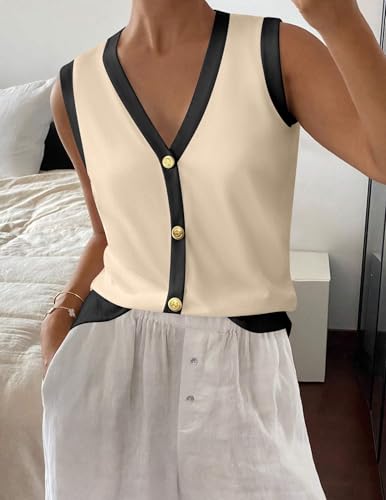 Image of Zeagoo Women's Sleeveless Sweater Vest White Button Down Shirts for Women Summer Knit Tank Tops Black Beige Color Block Large
