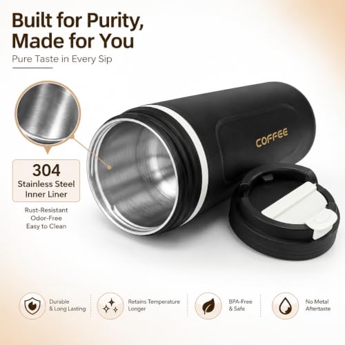 Image of Kitchivo Multipurpose Insulated Travel Mug - 350ml | Double Wall Stainless Steel Flask for Coffee, Tea & Milk | 100% Leak-Proof | Keeps Hot & Cold for Hours | Car Friendly (Black)